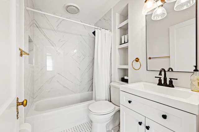 full bathroom with vanity, toilet, and shower / bath combo with shower curtain