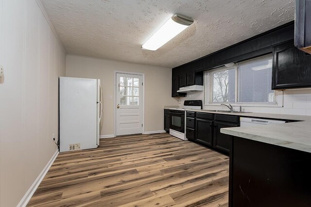 kitchen featuring light wood-style flooring, white dishwasher, a sink, gas range, and under cabinet range hood