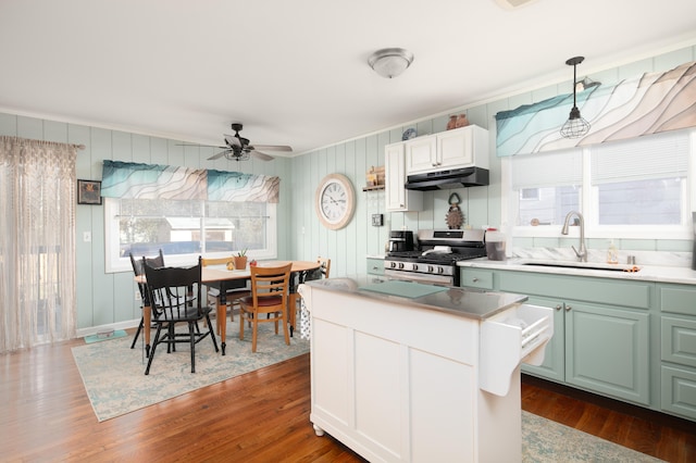 kitchen featuring dark wood-style flooring, a sink, under cabinet range hood, and gas range