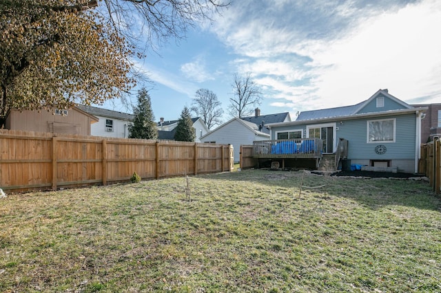 view of yard with a fenced backyard and a wooden deck