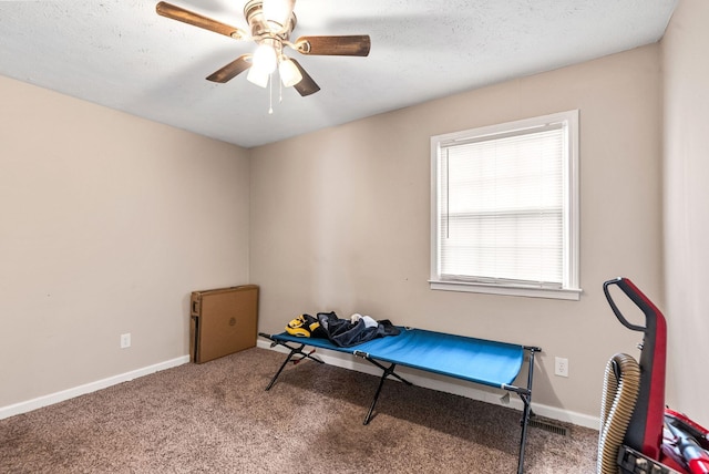 interior space with carpet, ceiling fan, a textured ceiling, and baseboards