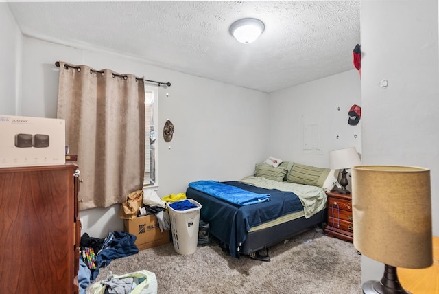 carpeted bedroom with a textured ceiling