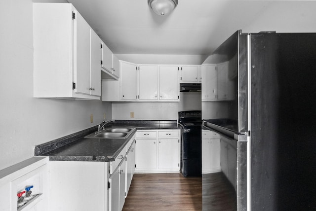 kitchen with dark countertops, dark wood-style flooring, stainless steel appliances, under cabinet range hood, and a sink