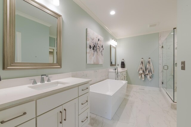 bathroom with marble finish floor, a sink, a marble finish shower, and crown molding