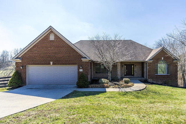 single story home with a garage, brick siding, a shingled roof, concrete driveway, and a front yard