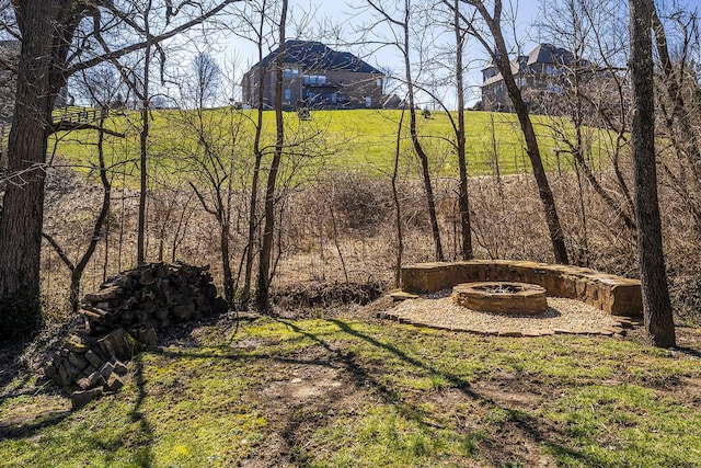 view of yard with a fire pit