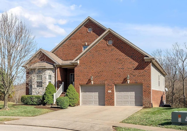 view of front facade featuring an attached garage, stone siding, concrete driveway, and brick siding