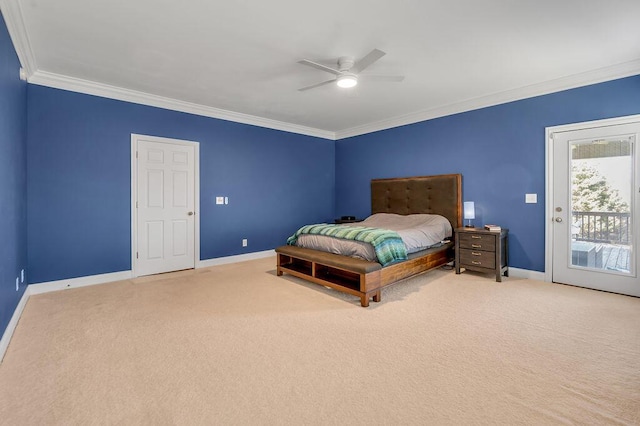 bedroom with access to exterior, baseboards, crown molding, and carpet flooring