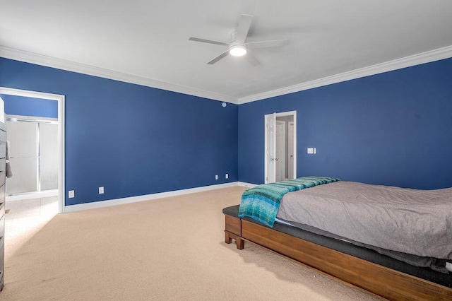 bedroom featuring carpet floors, baseboards, and crown molding