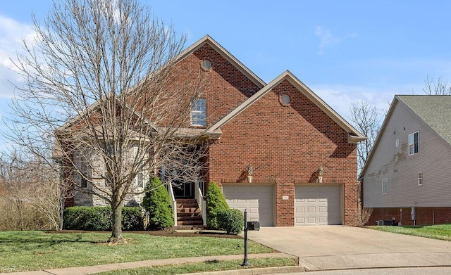 traditional-style home with driveway, brick siding, a front lawn, and an attached garage