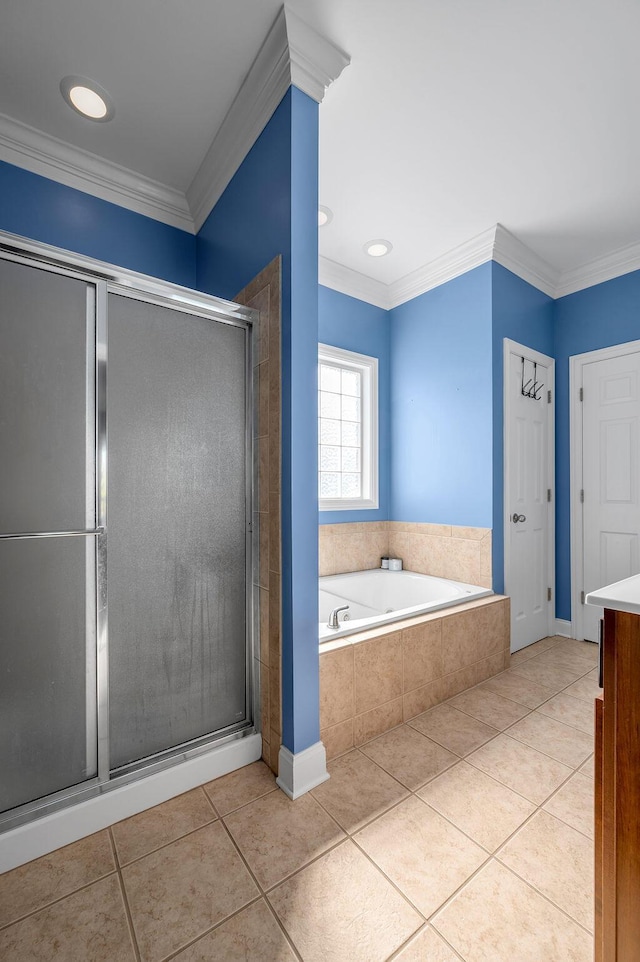 bathroom with a stall shower, tile patterned floors, and crown molding