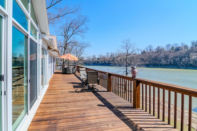 wooden terrace with a water view and central AC