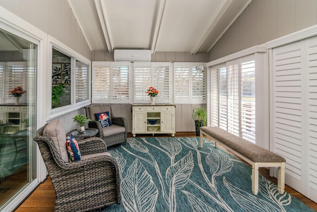 sunroom / solarium with lofted ceiling with beams and a wall mounted AC