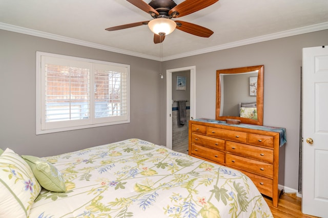 bedroom with ceiling fan, ornamental molding, and light wood finished floors