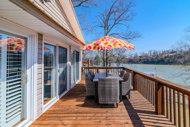 deck featuring a water view and outdoor dining space