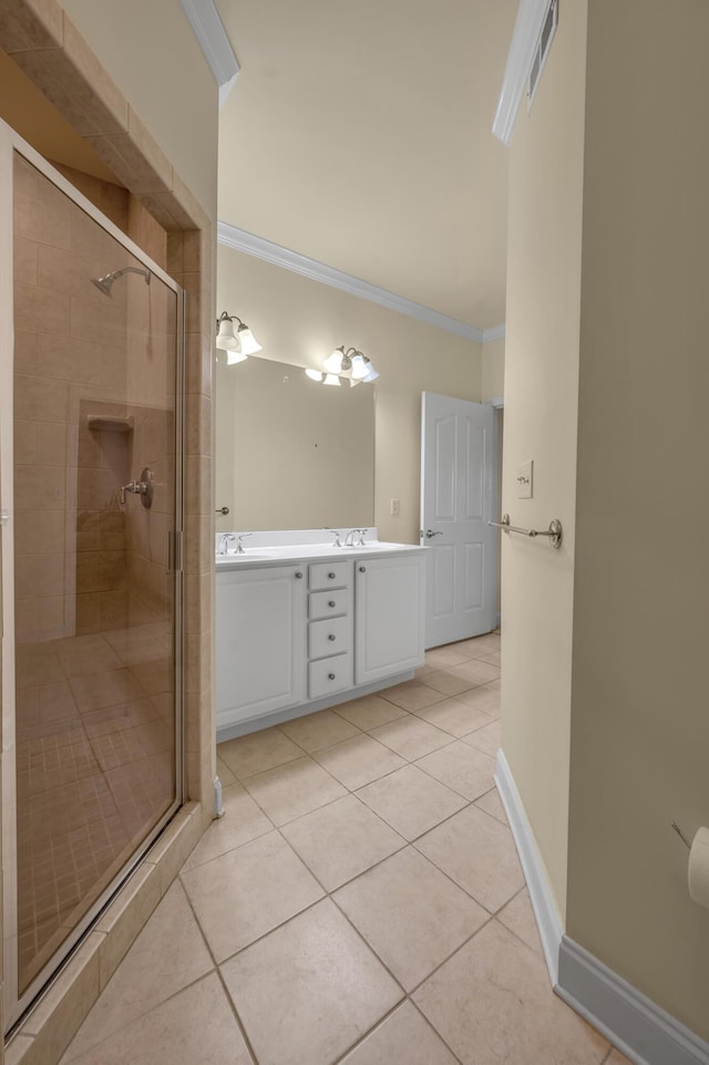 full bath featuring baseboards, tile patterned flooring, a shower stall, and crown molding