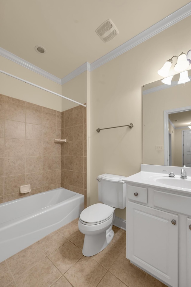 full bathroom with visible vents, toilet, tile patterned flooring, crown molding, and vanity