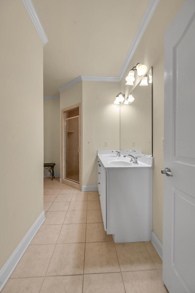 full bathroom featuring double vanity, tile patterned flooring, ornamental molding, and a shower stall