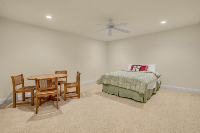 carpeted bedroom with a ceiling fan, recessed lighting, and baseboards