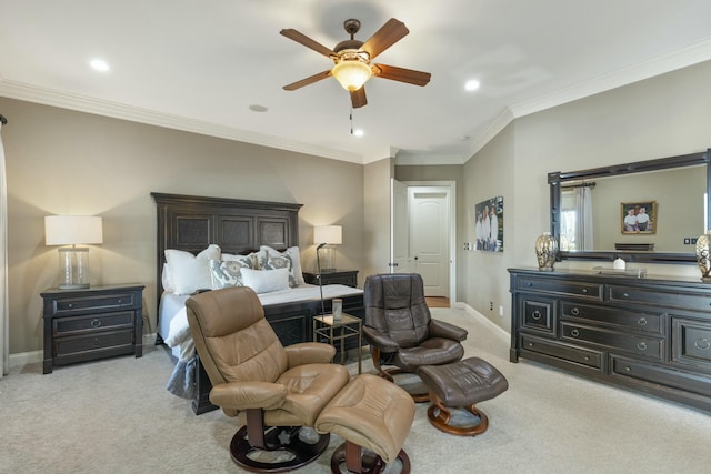 bedroom featuring a ceiling fan, recessed lighting, crown molding, baseboards, and light colored carpet