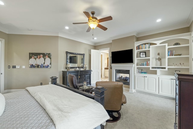 bedroom with light carpet, ornamental molding, recessed lighting, baseboards, and a multi sided fireplace