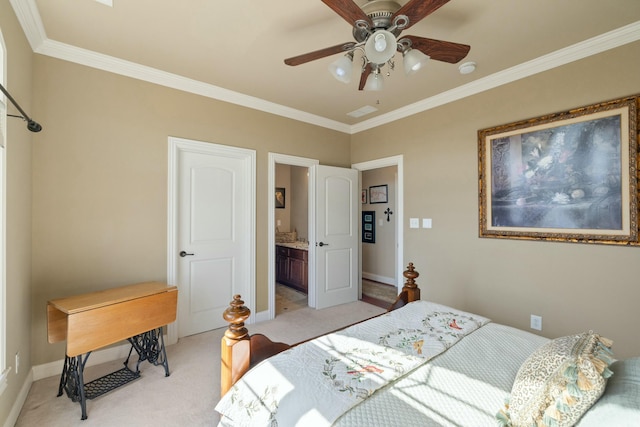 bedroom featuring ceiling fan, baseboards, light colored carpet, ornamental molding, and ensuite bathroom