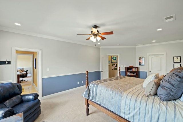 bedroom featuring visible vents, light colored carpet, crown molding, and baseboards