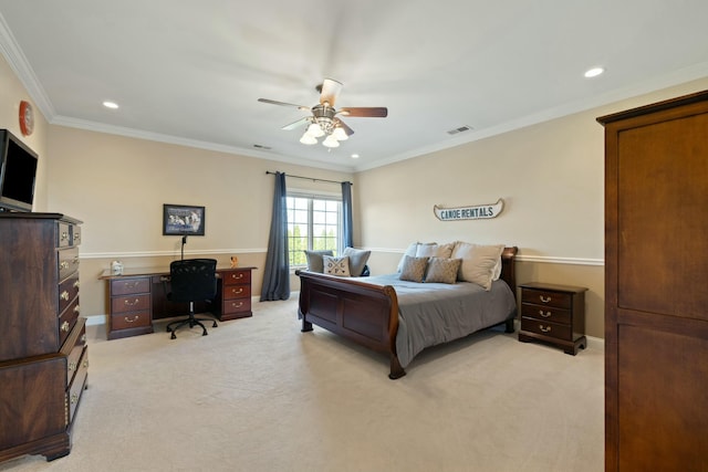 bedroom featuring visible vents, a ceiling fan, crown molding, baseboards, and light colored carpet