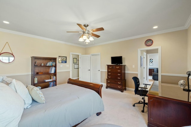 bedroom featuring crown molding, baseboards, ceiling fan, light colored carpet, and recessed lighting