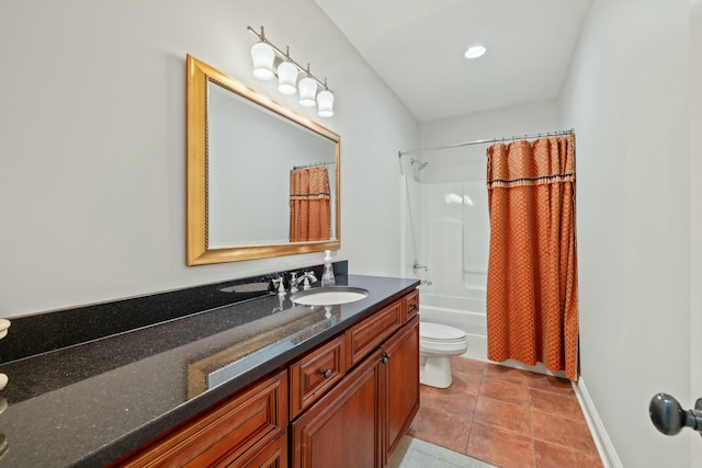 bathroom with vanity, baseboards, tile patterned floors, toilet, and shower / tub combo with curtain