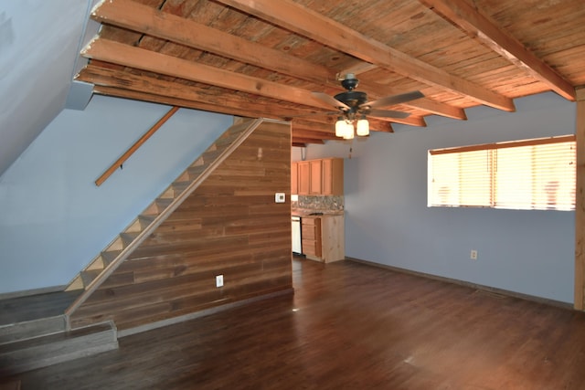 unfurnished living room featuring dark wood-type flooring, wood ceiling, ceiling fan, beamed ceiling, and stairs