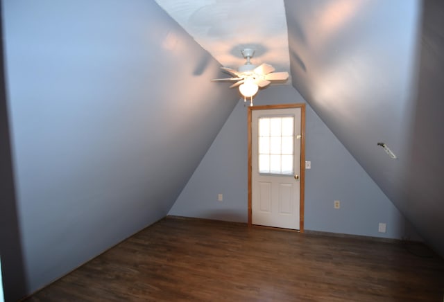 bonus room with ceiling fan, vaulted ceiling, and wood finished floors