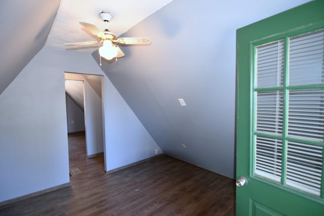 bonus room featuring lofted ceiling, ceiling fan, and wood finished floors