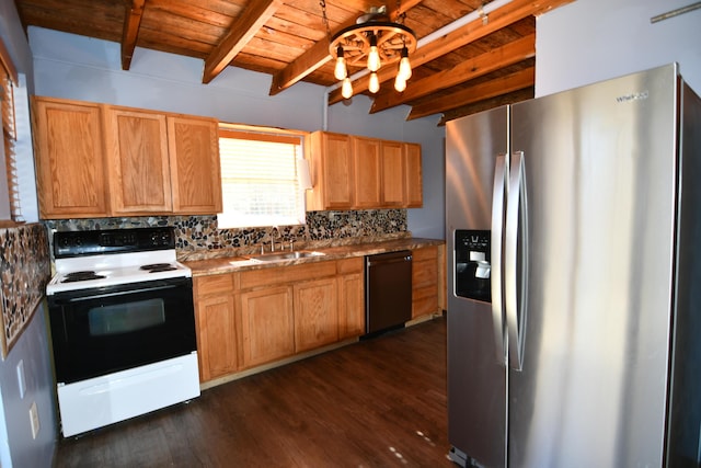 kitchen with dishwashing machine, wooden ceiling, range with electric cooktop, stainless steel refrigerator with ice dispenser, and backsplash