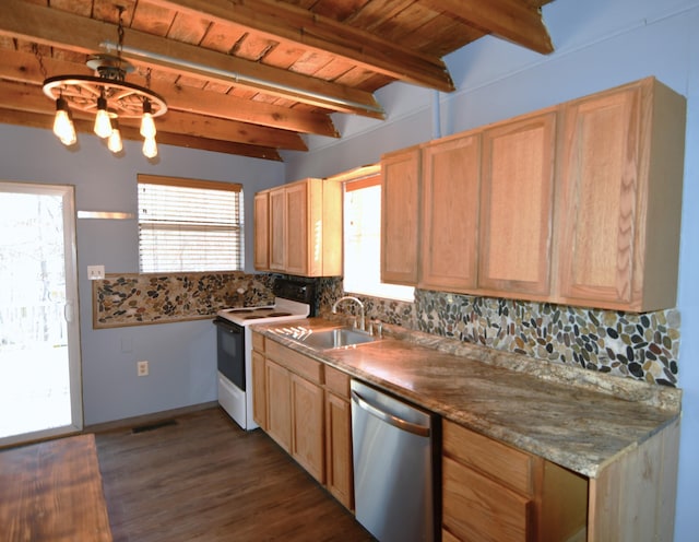 kitchen featuring white electric stove, wooden ceiling, beam ceiling, stainless steel dishwasher, and a sink