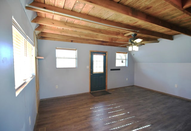 foyer with a ceiling fan, wood ceiling, lofted ceiling with beams, and wood finished floors