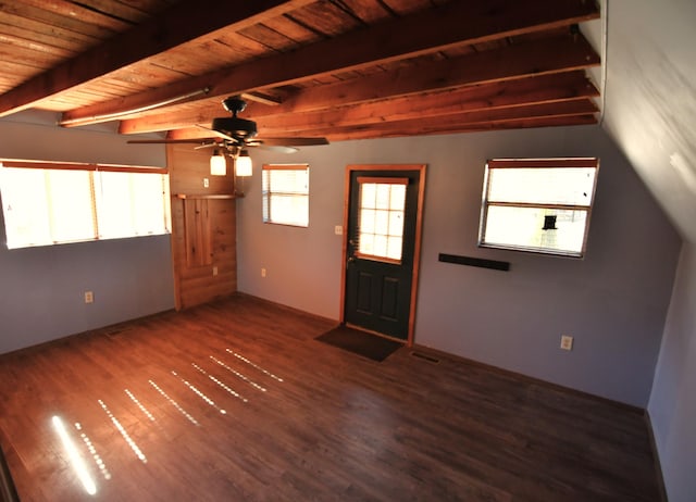 foyer entrance featuring ceiling fan, beamed ceiling, wood finished floors, and wood ceiling