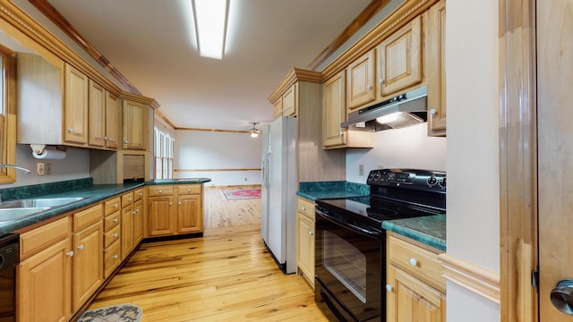 kitchen with dark countertops, a sink, light wood-type flooring, under cabinet range hood, and black appliances