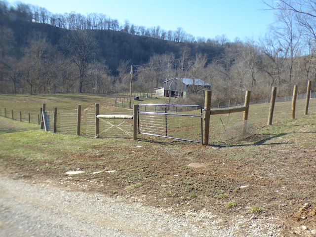 view of yard with a gate, fence, and a rural view