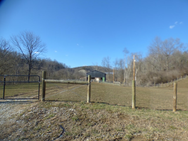 view of yard featuring a gate, a rural view, and fence