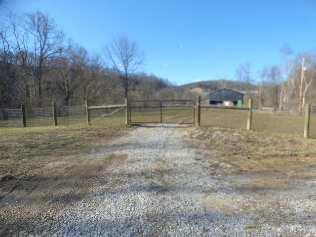 view of yard featuring a rural view, fence, and a gate