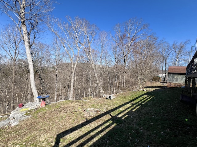 view of yard featuring a forest view