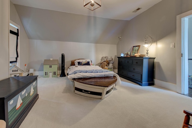 carpeted bedroom with lofted ceiling, visible vents, and baseboards