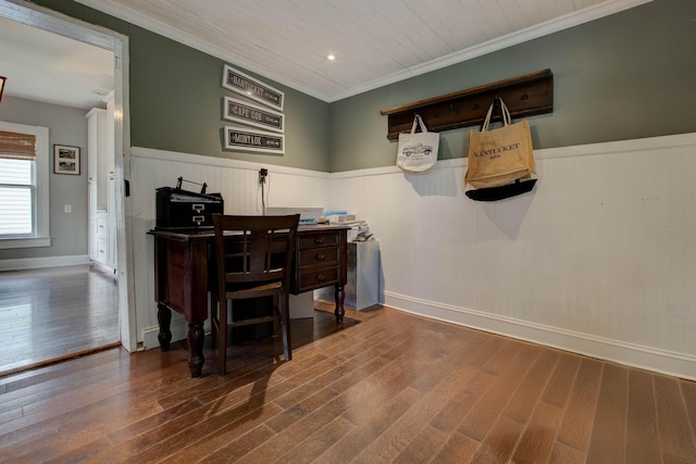 office featuring wood ceiling, crown molding, dark wood-type flooring, and wainscoting