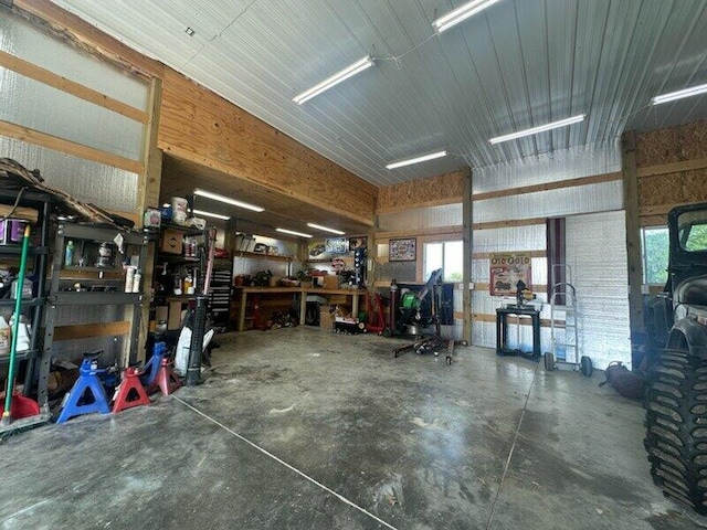 garage with a workshop area