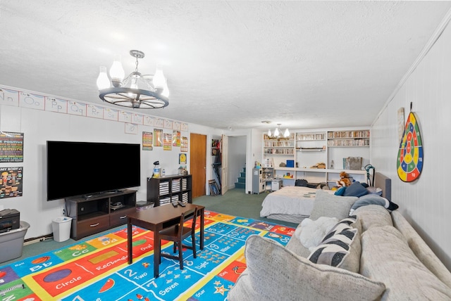 carpeted living area featuring a textured ceiling and a notable chandelier