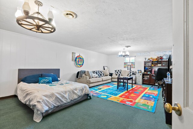 bedroom with a chandelier, carpet, visible vents, and a textured ceiling