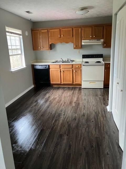 kitchen with white range with electric cooktop, light countertops, a sink, dishwasher, and under cabinet range hood