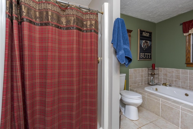 bathroom featuring tiled bath, a shower with shower curtain, toilet, a textured ceiling, and tile patterned flooring