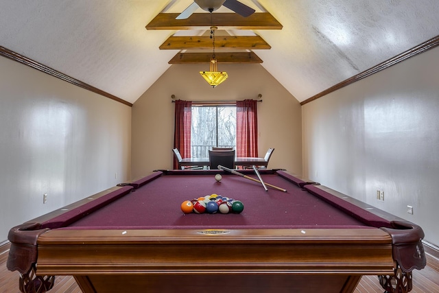 game room featuring ornamental molding, vaulted ceiling with beams, ceiling fan, and billiards